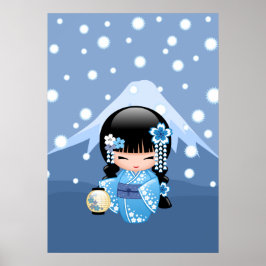 Winter Kokeshi-pop - Blauwe Berg Geisha-meisje Poster