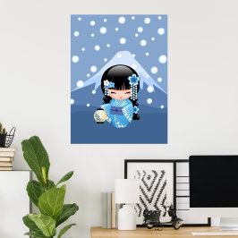 Winter Kokeshi-pop - Blauwe Berg Geisha-meisje Poster