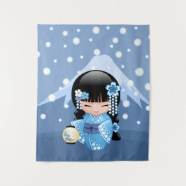 Winter Kokeshi-pop - Blauwe Berg Geisha-meisje Wandkleed