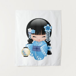 Winter Kokeshi-pop - Blauwe Kimono Geisha-meisje Wandkleed