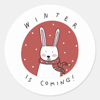 WINTER KOMT KERSTKONIJN MET SCARF RONDE STICKER