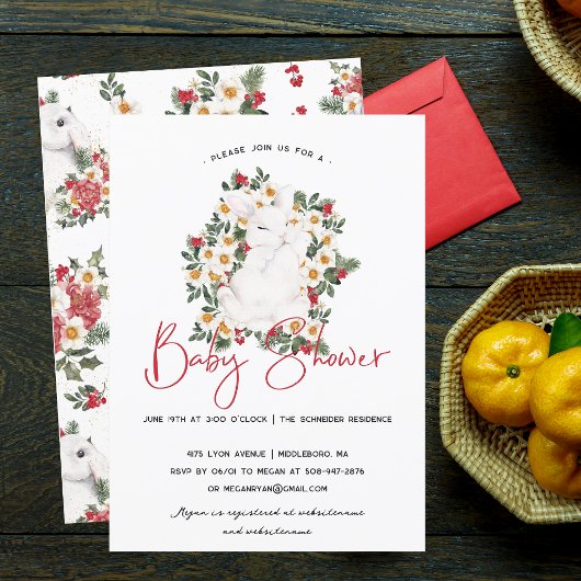 Winter Konijn Bloem | Baby Shower Uitnodiging
