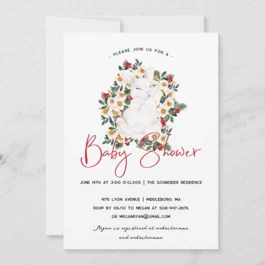 Winter Konijn Bloem | Geboortekaartje Baby Shower Kaart (Voorkant)