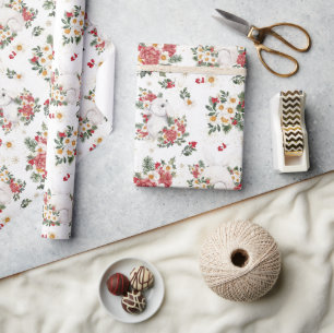 Winter Konijn Bloemen Verjaardagsfeestje Cadeaupapier