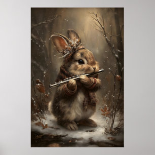 Winter Konijn Speelt Fluit in Bos Kunstprint – Poster