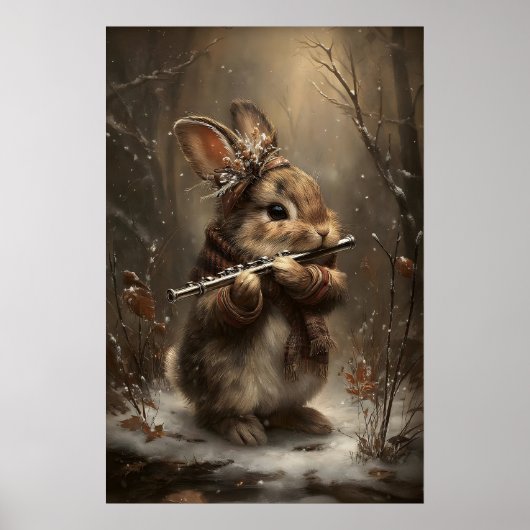 Winter Konijn Speelt Fluit in Bos Kunstprint – Poster (Voorkant)
