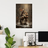 Winter Konijn Speelt Fluit in Bos Kunstprint – Poster (Thuiskantoor)