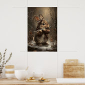 Winter Konijn Speelt Fluit in Bos Kunstprint – Poster (Keuken)