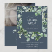 Winter Koninklijk Blauw Eucalyptus Foto Bruiloft Kaart (Voorkant / Achterkant)