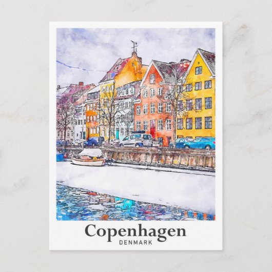 Winter Kopenhagen Denemarken Waterverf Hand getrok Briefkaart (Voorkant)