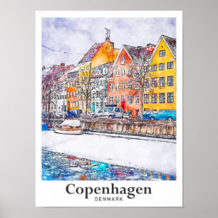 Winter Kopenhagen Denemarken Waterverf Hand getrok Poster