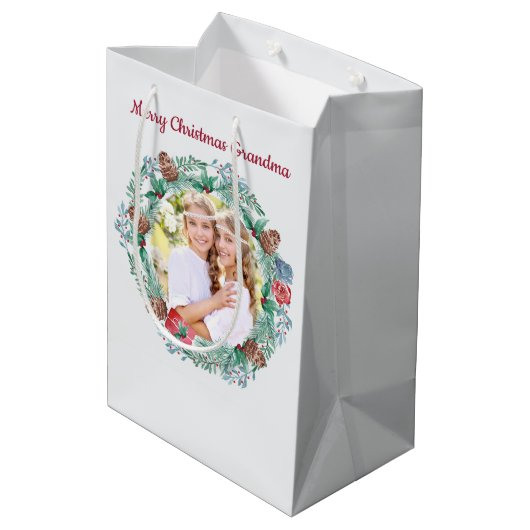 Winter krans aangepaste bericht en Kerstmis foto Medium Cadeauzakje (Achterkant Gekanteld)