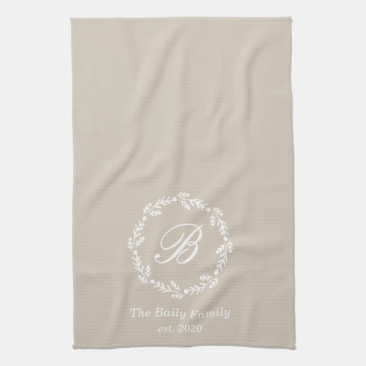 Winter krans familienaam Monogram Beige Theedoek (Verticaal)