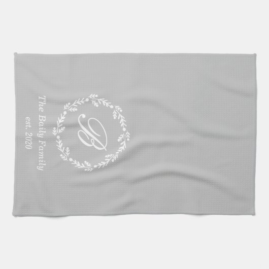 Winter krans familienaam Monogram grijs Theedoek (Horizontaal)