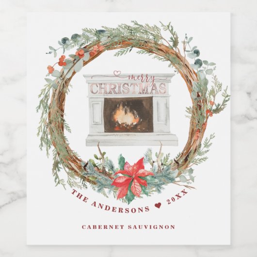 Winter Krans Gezellige Open Haard Vrolijk Kerstfee Wijn Etiket (Enkel label)