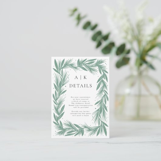 Winter krans moderne bruiloft details groen informatiekaartje (Staand voorkant)