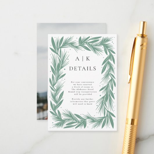 Winter krans moderne bruiloft details groen informatiekaartje (Voorkant / Achterkant in situ)