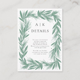 Winter krans moderne bruiloft details groen informatiekaartje
