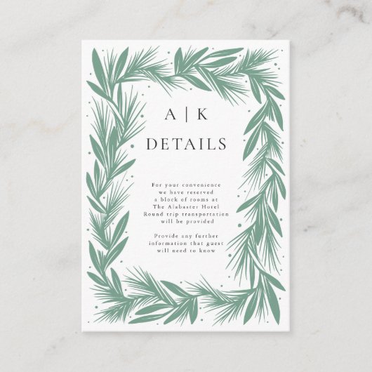 Winter krans moderne bruiloft details groen informatiekaartje (Voorkant)
