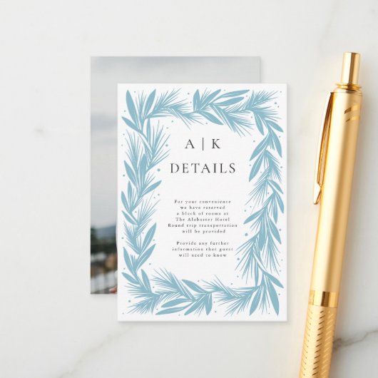 Winter krans moderne bruiloft details informatiekaartje (Voorkant / Achterkant in situ)