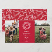 Winter Krans Monogram Vakantie 2 Foto Kaart Rood (Voorkant / Achterkant)