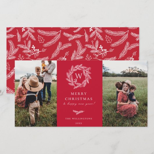 Winter Krans Monogram Vakantie 2 Foto Kaart Rood (Voorkant / Achterkant)