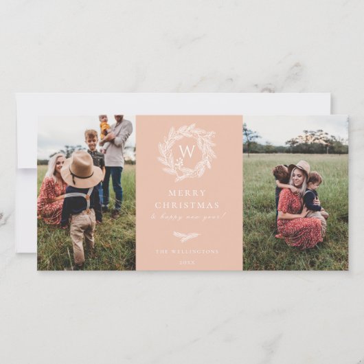 Winter Krans Monogram Vakantie 2 Foto Kaart Roze (Voorkant)