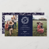 Winter krans Monogram Vakantie 2 fotokaart blauw Feestdagenkaart (Voorkant / Achterkant)