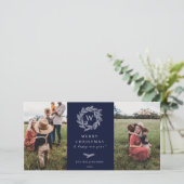 Winter krans Monogram Vakantie 2 fotokaart blauw Feestdagenkaart (Staand voorkant)