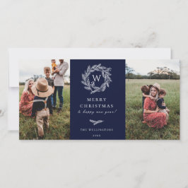 Winter krans Monogram Vakantie 2 fotokaart blauw Feestdagenkaart