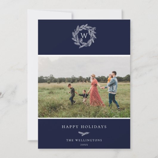Winter Krans Monogram Vakantie Fotokaart Blauw Feestdagenkaart (Voorkant)