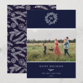 Winter Krans Monogram Vakantie Fotokaart Blauw Feestdagenkaart (Voorkant / Achterkant)