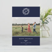 Winter Krans Monogram Vakantie Fotokaart Blauw Feestdagenkaart (Staand voorkant)