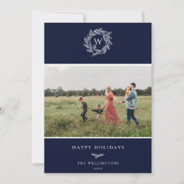 Winter Krans Monogram Vakantie Fotokaart Blauw Feestdagenkaart