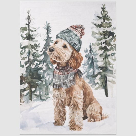 Winter Labradoodle in Hoed en Sjaal Decoupage Tissuepapier (Voorkant)