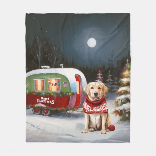 Winter Labrador Caravan Kerstavontuur Fleece Deken (Voorkant)