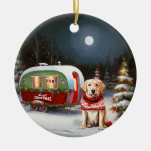 Winter Labrador Caravan Kerstavontuur Keramisch Ornament