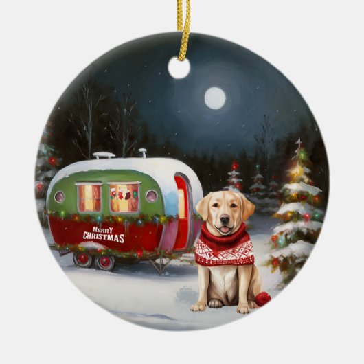 Winter Labrador Caravan Kerstavontuur Keramisch Ornament (Voorkant)