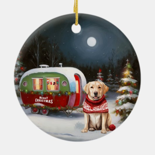 Winter Labrador Caravan Kerstavontuur Keramisch Ornament (Achterkant)