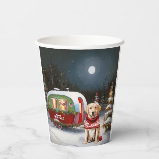 Winter Labrador Caravan Kerstavontuur Papieren Bekers (Achterkant)