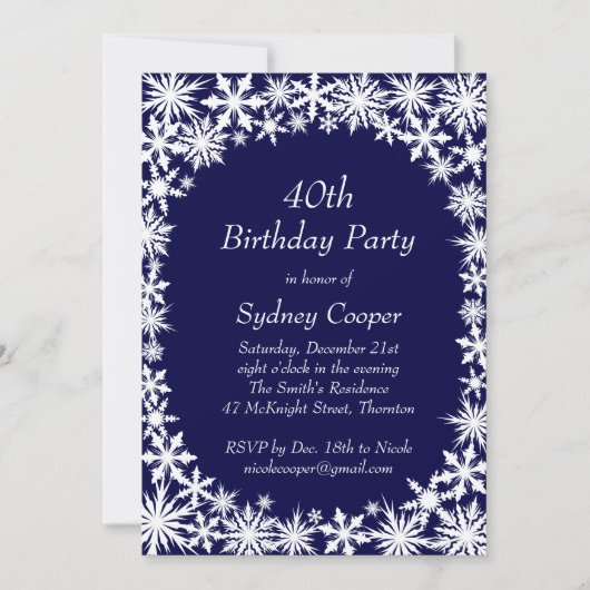 Winter Lace 40th Birthday Party Invitation - blauw Kaart (Voorkant)