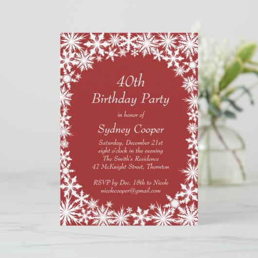 Winter Lace 40th Birthday Party Invitation - red Kaart (Staand voorkant)