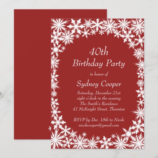 Winter Lace 40th Birthday Party Invitation - red Kaart (Voorkant / Achterkant)