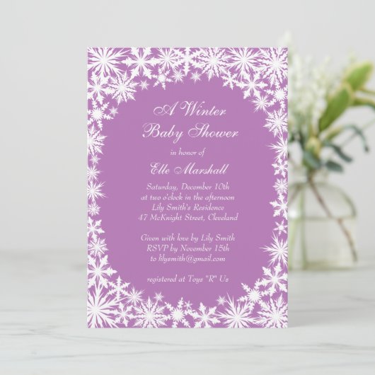 Winter Lace Baby shower Invitation in Lila Kaart (Staand voorkant)