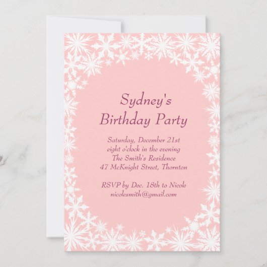 Winter Lace Birthday Party Invitation - lichtroze Kaart (Voorkant)