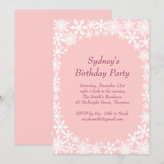 Winter Lace Birthday Party Invitation - lichtroze Kaart (Voorkant / Achterkant)