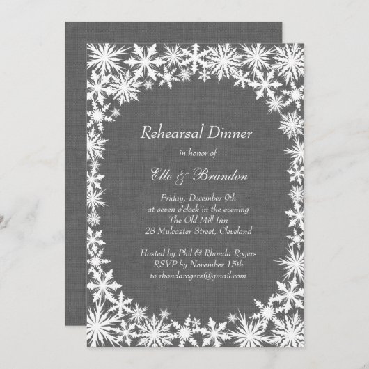 Winter Lace op Grey Linen Rehearsal Dinner Invite Kaart (Voorkant / Achterkant)