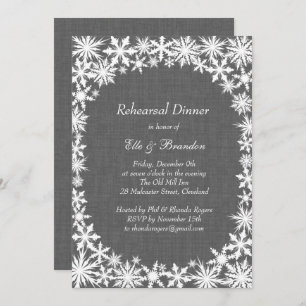 Winter Lace op Grey Linen Rehearsal Dinner Invite Kaart