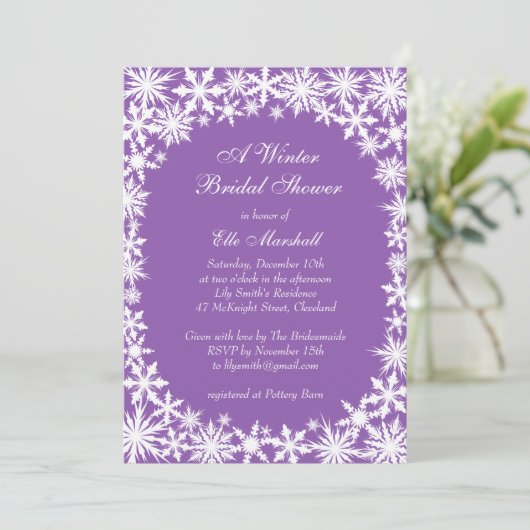 Winter Lace op Paarse uitnodiging voor een bridale (Staand voorkant)
