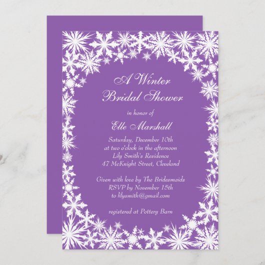 Winter Lace op Paarse uitnodiging voor een bridale (Voorkant / Achterkant)